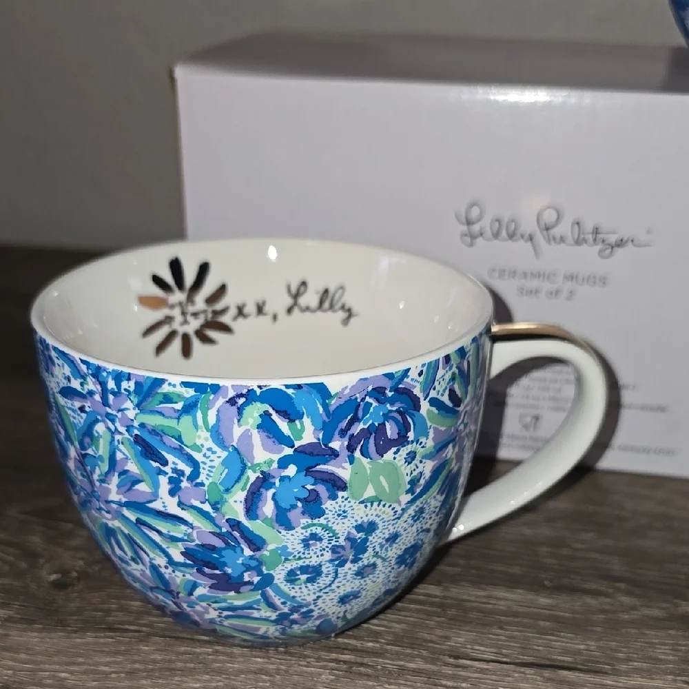 Lilly Pulitzer Blue and White Ceramic Mugs with Floral Design - Picture 2 of 7